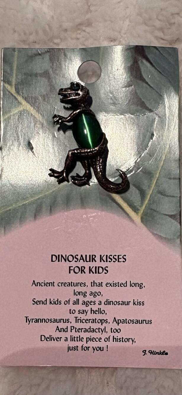 Tyrannosaurus Rex Dinosaur Kisses Pin with Green Cat Eye Stone